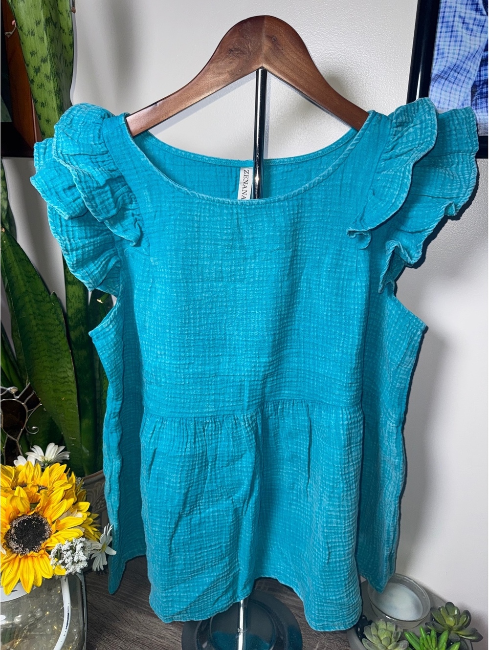 Zenana Gauze Acid Wash Ruffle Sleeve Top in Lt. Teal